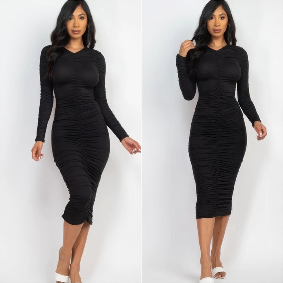 Radiant Ruching Midi Dress - Black - Picture 1 of 15